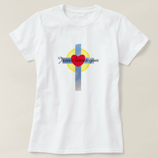 Camiseta Jesús Te Ama La Cruz Azul Nublada Corazón Sunshine (Diseño del anverso)