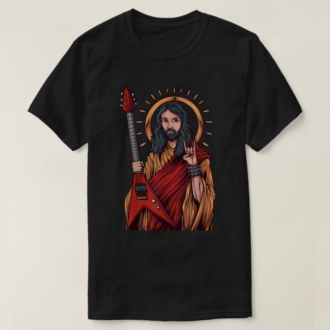 Camiseta Jesús tocando una fuerte guitarra Metalizado (Diseño del anverso)