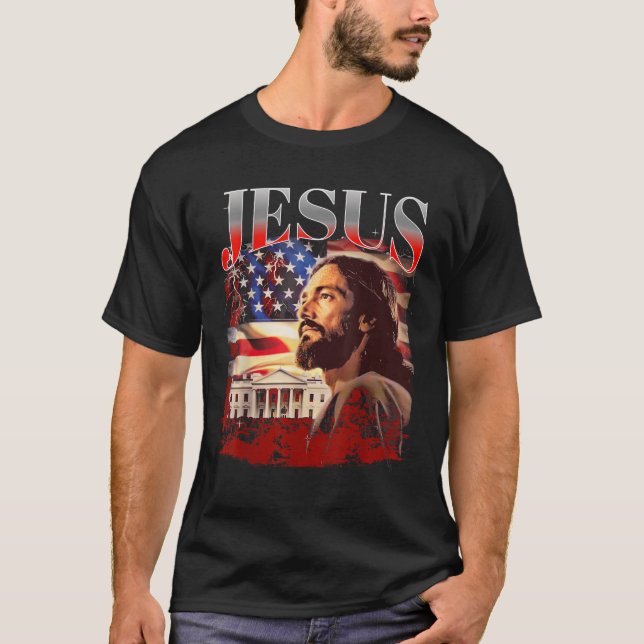 Camiseta Jesus USA America Patriot Meme 90 Bootleg Rap Mer (Anverso)