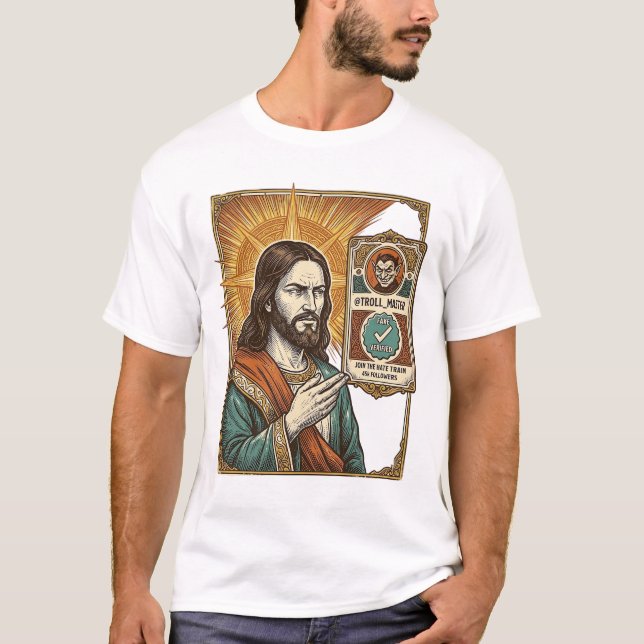 Camiseta Jesús Verificado Falso Estafa Trolear Humor Social (Anverso)