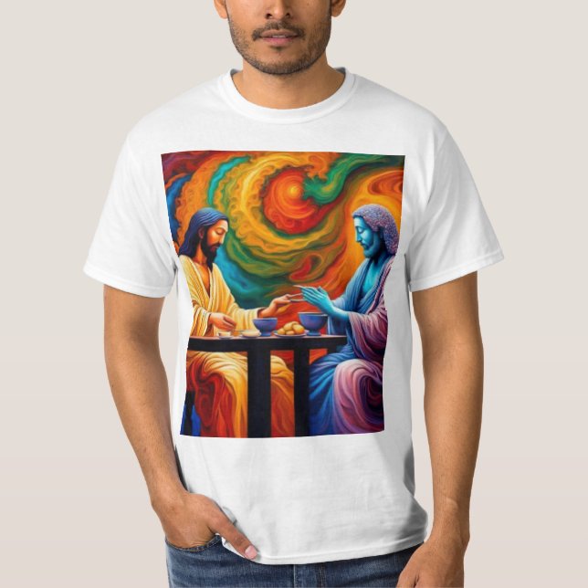 Camiseta Jesús y Buda comparten una comida (Anverso)