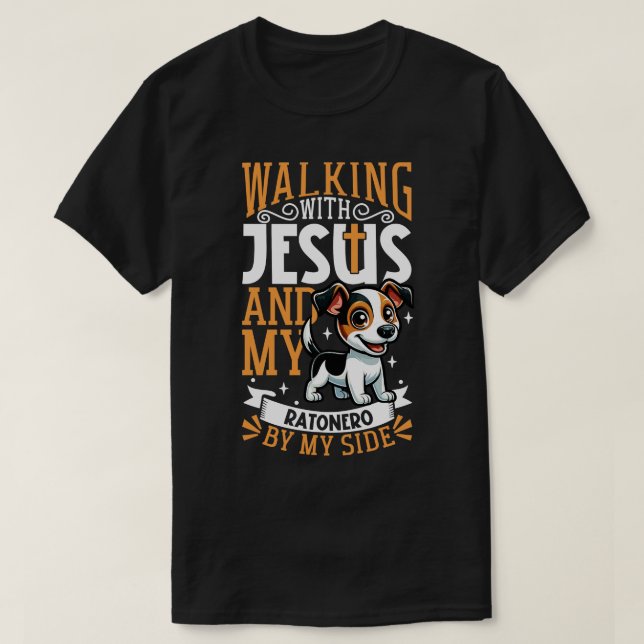 Camiseta Jesús y perro Ratonero Bodeguero Andaluz (Diseño del anverso)