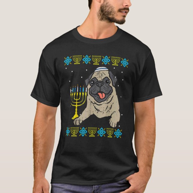 Camiseta Jewish Pug Dog Menorah Ugly Hanukkah Pajamas Chanu (Anverso)