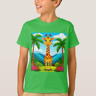 Camiseta Jirafa de dibujos animados linda en un paisaje tro