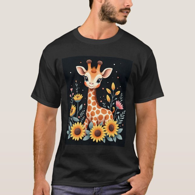 Camiseta Jirafa Encantadora Rodeada De Flores Manga Larga (Anverso)