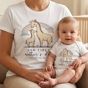 Camiseta Jirafa Mamá Bebé Primer Día de la Madre Pastel Arc