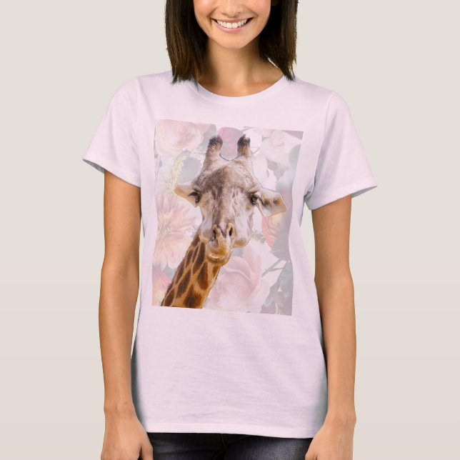 Camiseta Jirafa y Flores Divertido Animal Moderno Rosa (Anverso)