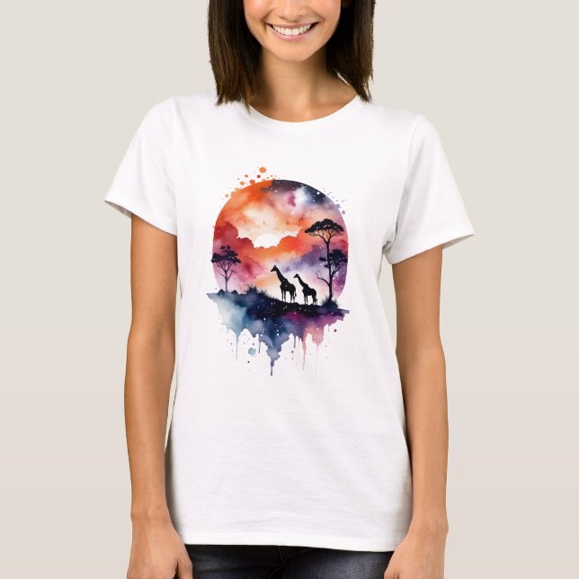 Camiseta jirafas sobre fondo nebuloso (Anverso)