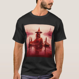 Camiseta Joven bruja roja sentada en un muelle roto