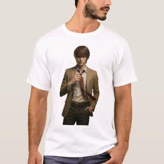 Camiseta Joven elegante con traje marrón ajustando el dedo
