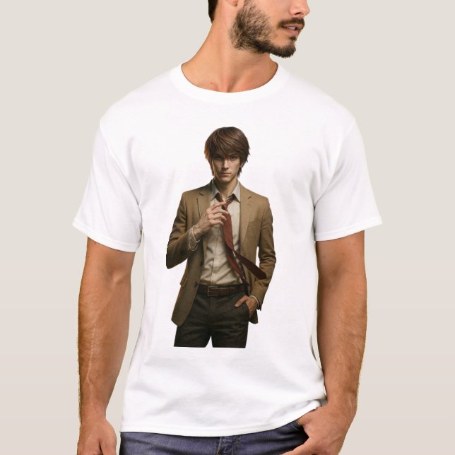 Camiseta Joven elegante con traje marrón ajustando el dedo (Anverso)