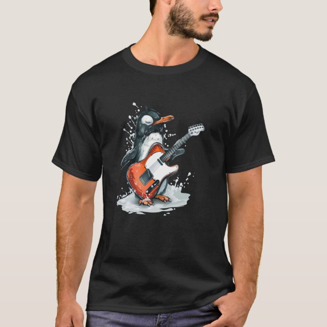 Camiseta Joven emperador pingüino disfraz con guitarra (Anverso)