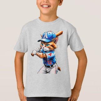 Camiseta ¡Joven gato de béisbol uniformado con su bate!