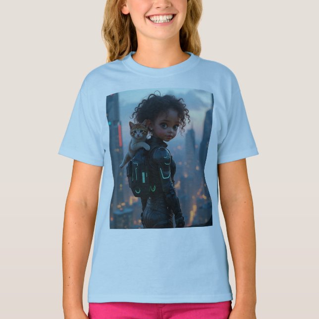 Camiseta jovencita afroamericana con gatito (Anverso)