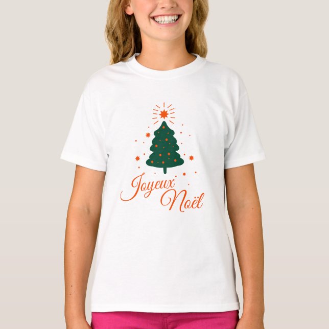 Camiseta Joyeux Noël en rouge : sapin classique et joyeux (Anverso)