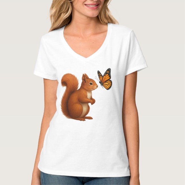 Camiseta Joyful Chase – Happy Squirrel & Butterfly (Anverso)