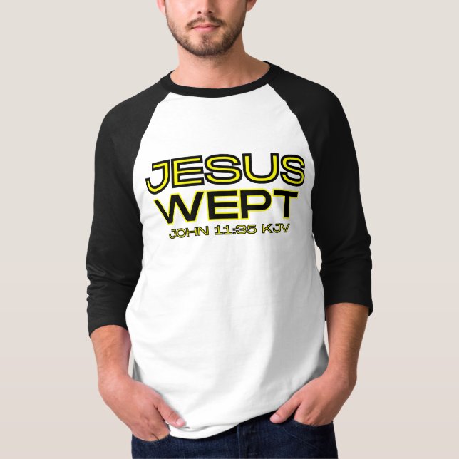 Camiseta Juan 11:35 Biblia versus KJV cita 3/4 masculino (Anverso)