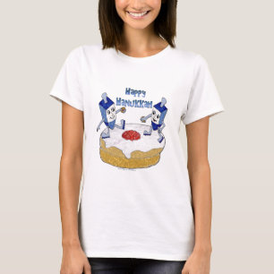 Camiseta Judaica Feliz Janucá Dreidels Bailando Donut