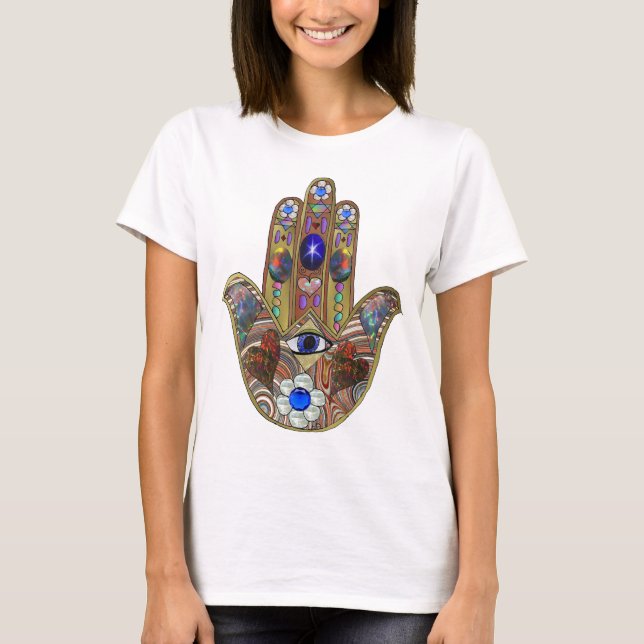 Camiseta Judaica Hamsa Hearts Flowers Opal Art Print (Anverso)