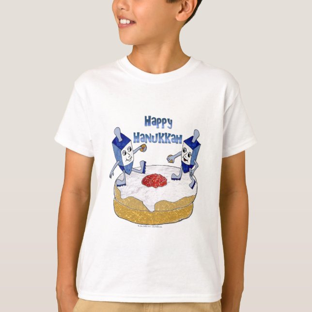 Camiseta Judaica Happy Hanukkah Dancing Dreidels Doughnut (Anverso)
