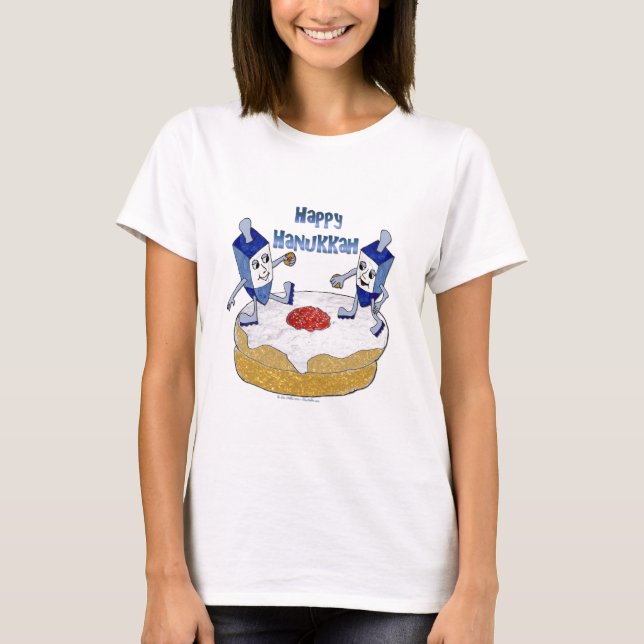 Camiseta Judaica Happy Hanukkah Dancing Dreidels Doughnut (Anverso)