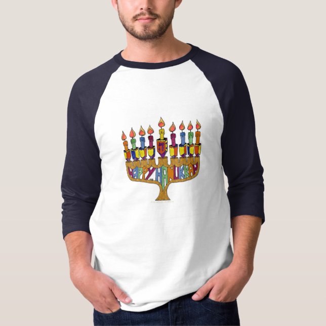 Camiseta Judaica Happy Hanukkah Dreidel Menorah (Anverso)