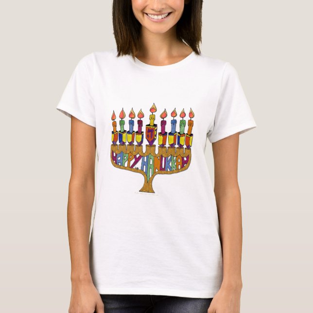 Camiseta Judaica Happy Hanukkah Dreidel Menorah (Anverso)