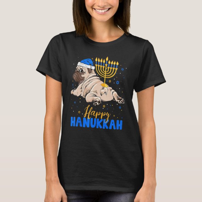 Camiseta Judía Pug Menorah Happy Hanukkah Chanukah Dog (Anverso)