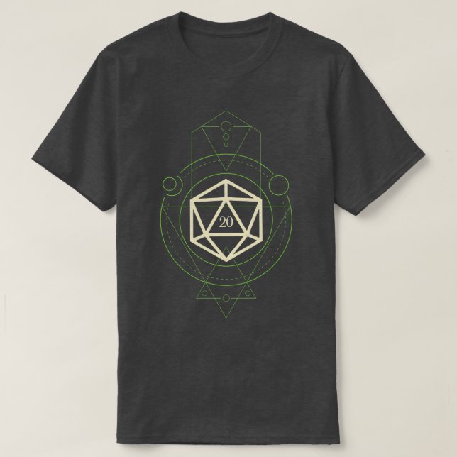 Camiseta Juego de dados verde geométrico poliedro D20 Minim (Diseño del anverso)