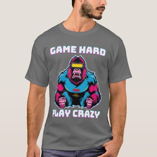 Camiseta Juego duro juego loco Gorila Gamer Gaming divertid (Anverso)