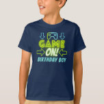 Camiseta Juego En Neon Glow Video Gaming Birthday Boy Fiest<br><div class="desc">Juego En neón azul y verde resplandece videojuegos temáticos Fiesta de cumpleaños para niños o chicas con elementos brillantes y un controlador de juegos.</div>