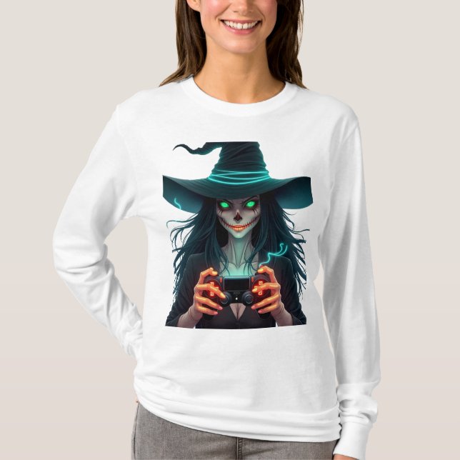 Camiseta Juego PlayStation de Halloween - Spooky PS5 Witch  (Anverso)