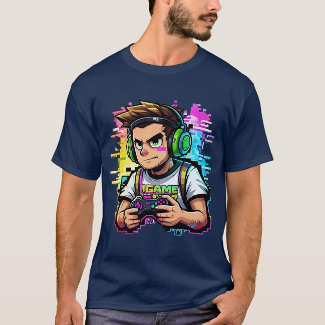 Camiseta Juego sobre el Glitchy Neon Gamer estilo de arcada (Anverso)