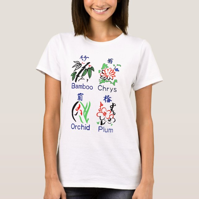 Camiseta Juegos de la flor de Mahjong, azul, rojo, verde, (Anverso)