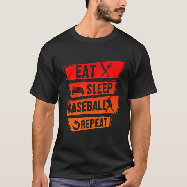 Camiseta Jugador de béisbol Divertido Comer Dormir Béisbol  (Anverso)