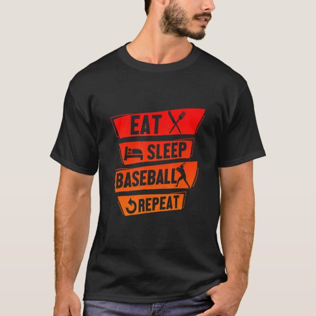 Camiseta Jugador de béisbol Divertido Comer Dormir Béisbol  (Anverso)