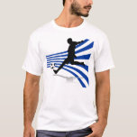 Camiseta Jugador de fútbol azul y blanco<br><div class="desc">Diseño de fútbol moderno con una silueta de un futbolista pateando una pelota de fútbol sobre un fondo de arcos azules y blancos. sgb01</div>