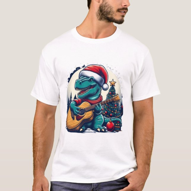 Camiseta Jugador de guitarra de dinosaurio Navidad Diez div (Anverso)