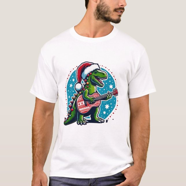 Camiseta Jugador de guitarra de dinosaurio Navidad Diez div (Anverso)