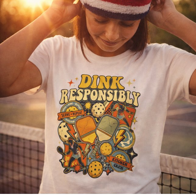 Camiseta Jugador de Paleta de Pickleball Responsablemente (Fun Pickleball shirt. Bootleg 70's retro vintage look. Dink Responsibly. )