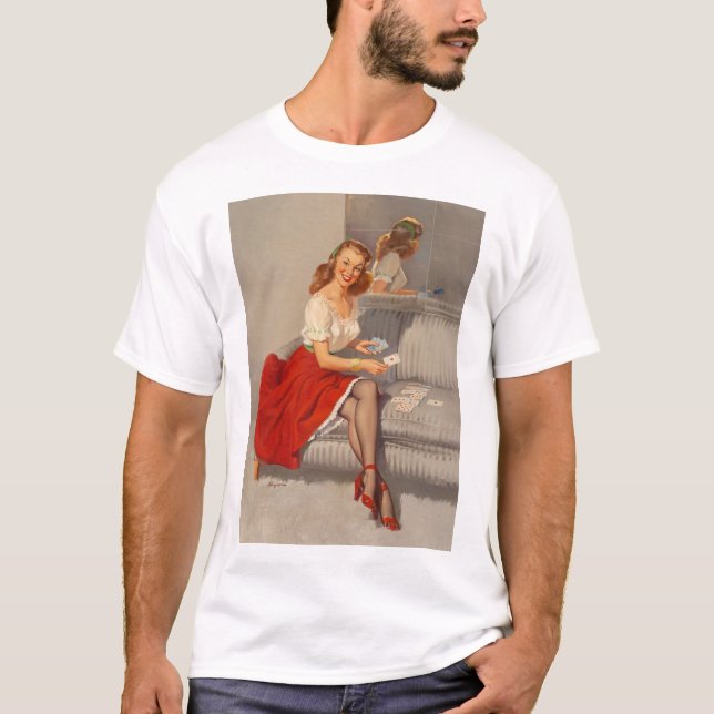 Camiseta Jugador de tarjetas Gil Elvgren Retro Pin Up Chica (Anverso)