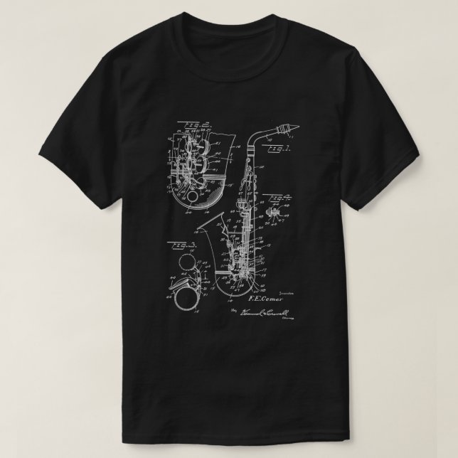 Camiseta Jugador saxofón Guay Patente estilo Alto Sax (Diseño del anverso)