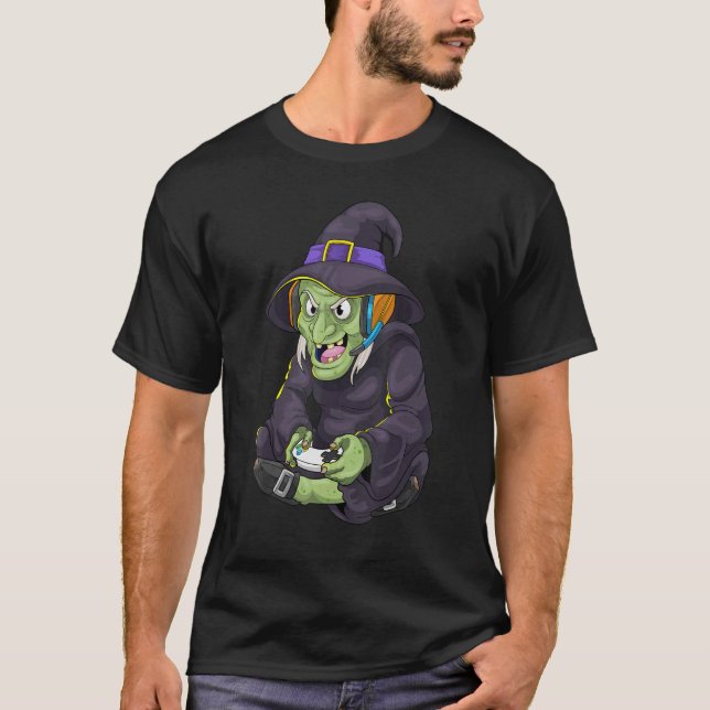 Camiseta Jugar a Halloween Witch Scary Gamer Wiccan Pew Boy (Anverso)