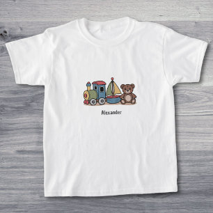 Camiseta Juguetes de madera con tren, velero y oso de peluc