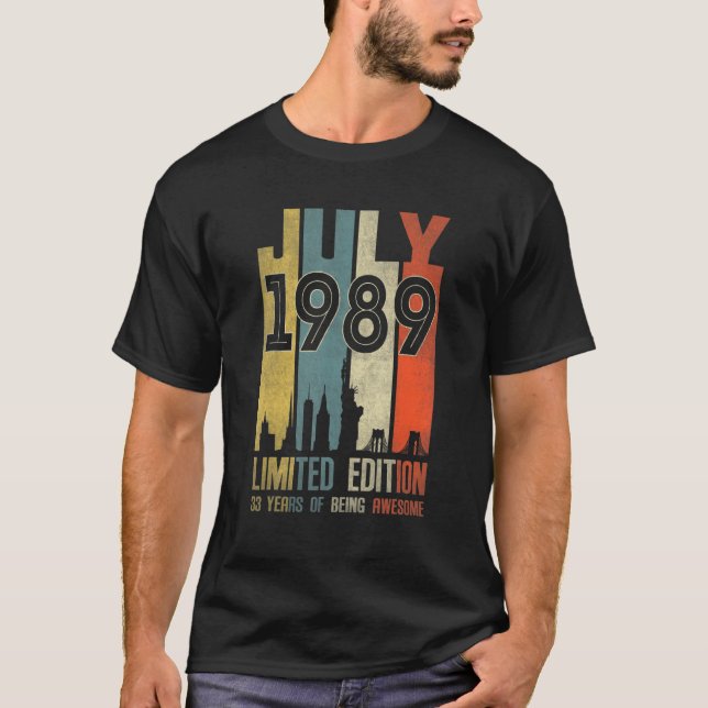 Camiseta Julio de 1989 33 años de edad 1989 Cumpleaños (Anverso)