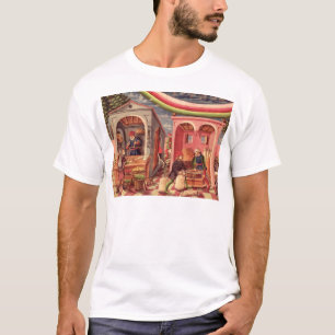 Camiseta Júpiter, detalle de la fruta y de los comerciante