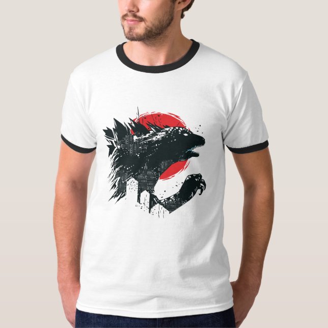Camiseta Kaiju-Style Monster Silhouette with Red Moon (Anverso)