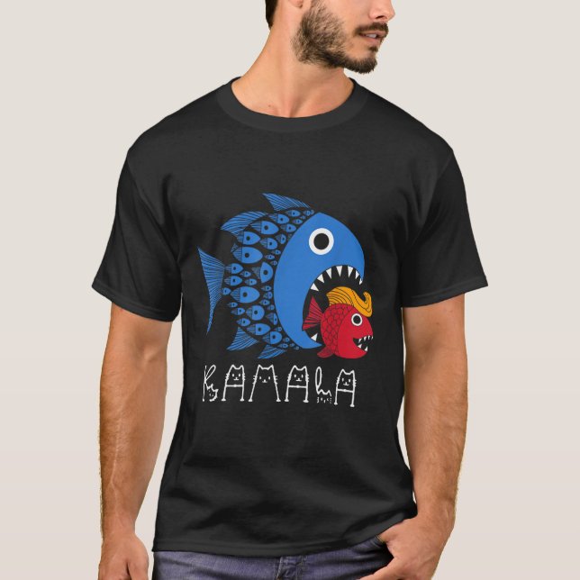 Camiseta Kamala por Trump Ola Azul Gran Pescado Coma Pequeñ (Anverso)