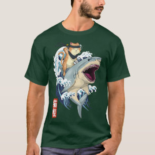 Camiseta Kanagawa vintage del tiburón del gato samurai retr