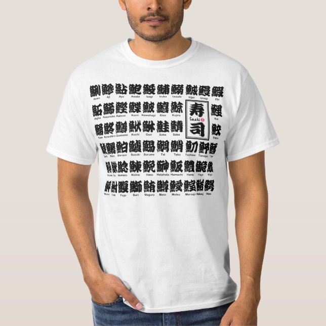 Camiseta [Kanji] muchos tipos de peces para el sushi (Anverso)